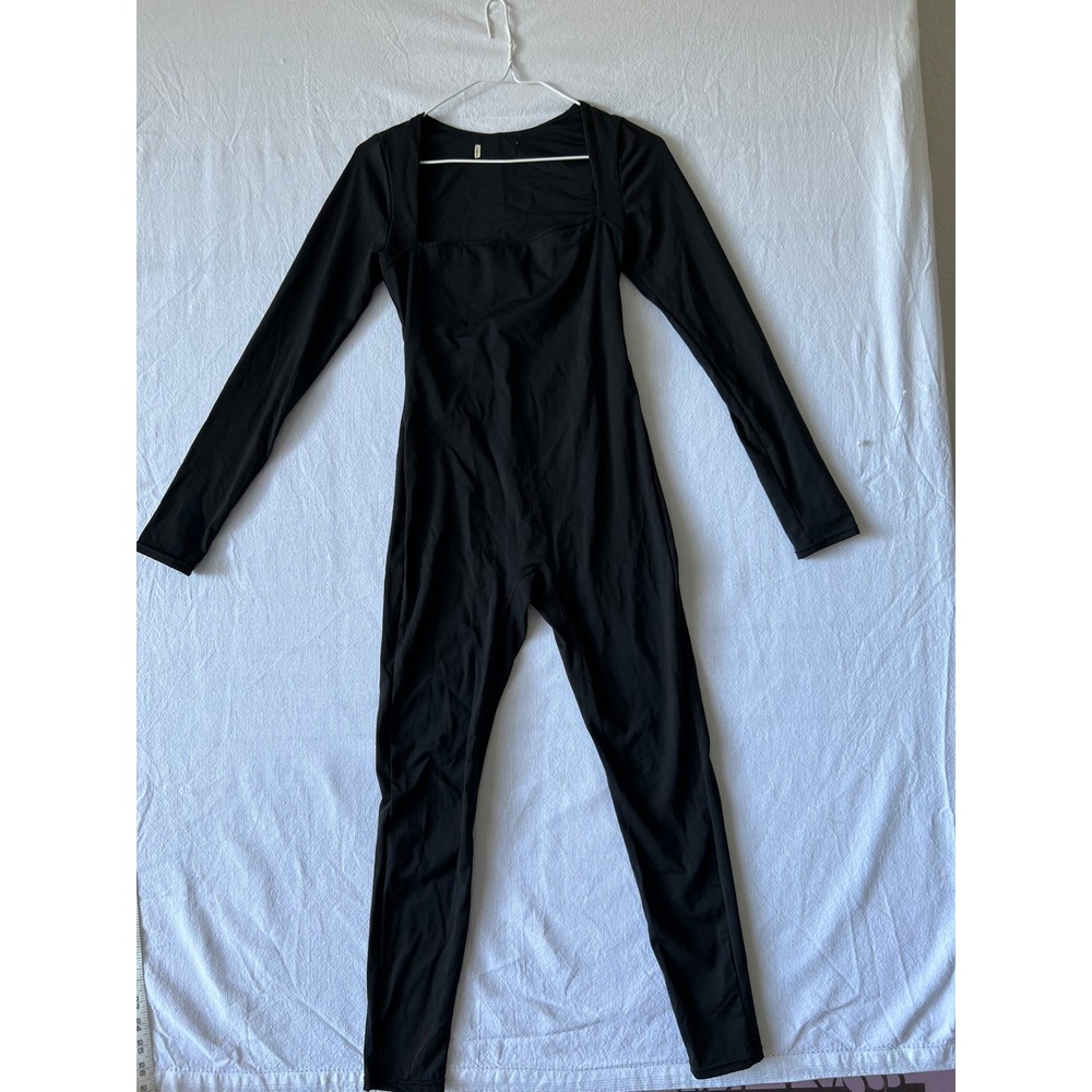 Black Long Sleeve Square Neck Bodycon Bodysuit Jumpsuit Women MEDIUM